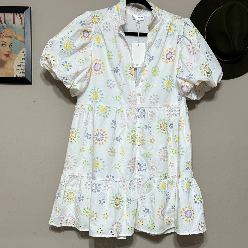 Love White Eyelet Floral Puff-Sleeve Mini Dress